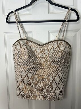 Free People Beaded Trim Gold and Cream Brocade Lined side zip Crop Top